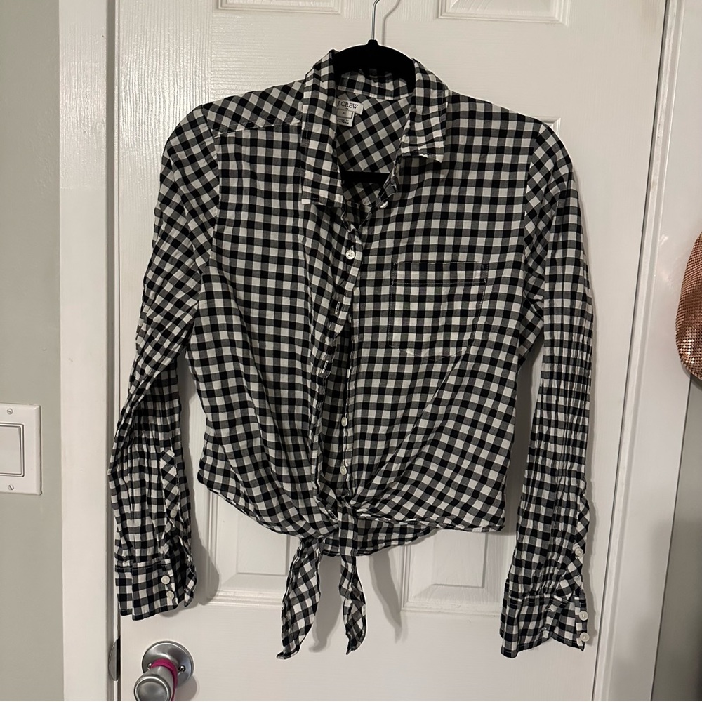 J.Crew Factory Gingham Tie Waist Shirt Large Black White